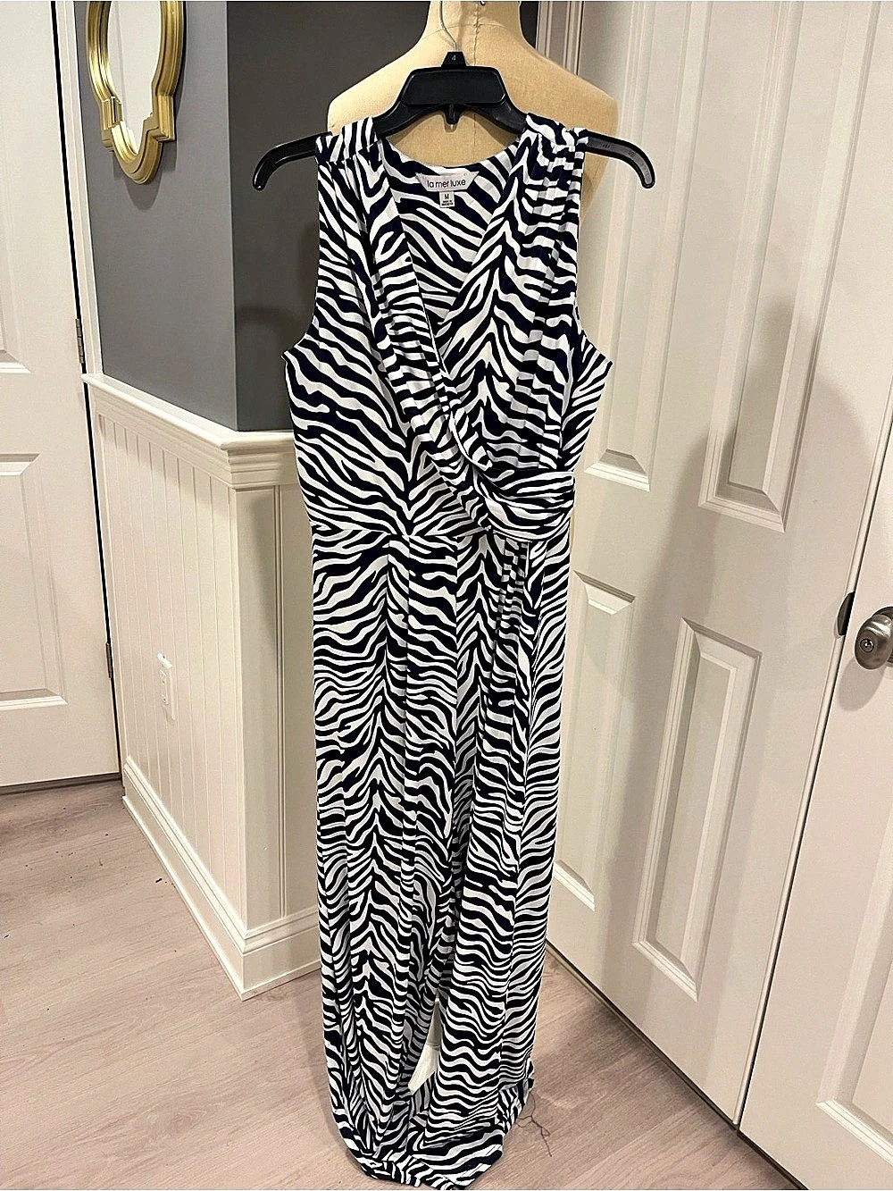 la mer luxe Zebra Print Wrap Jumpsuit in Blue & White Size Medium
